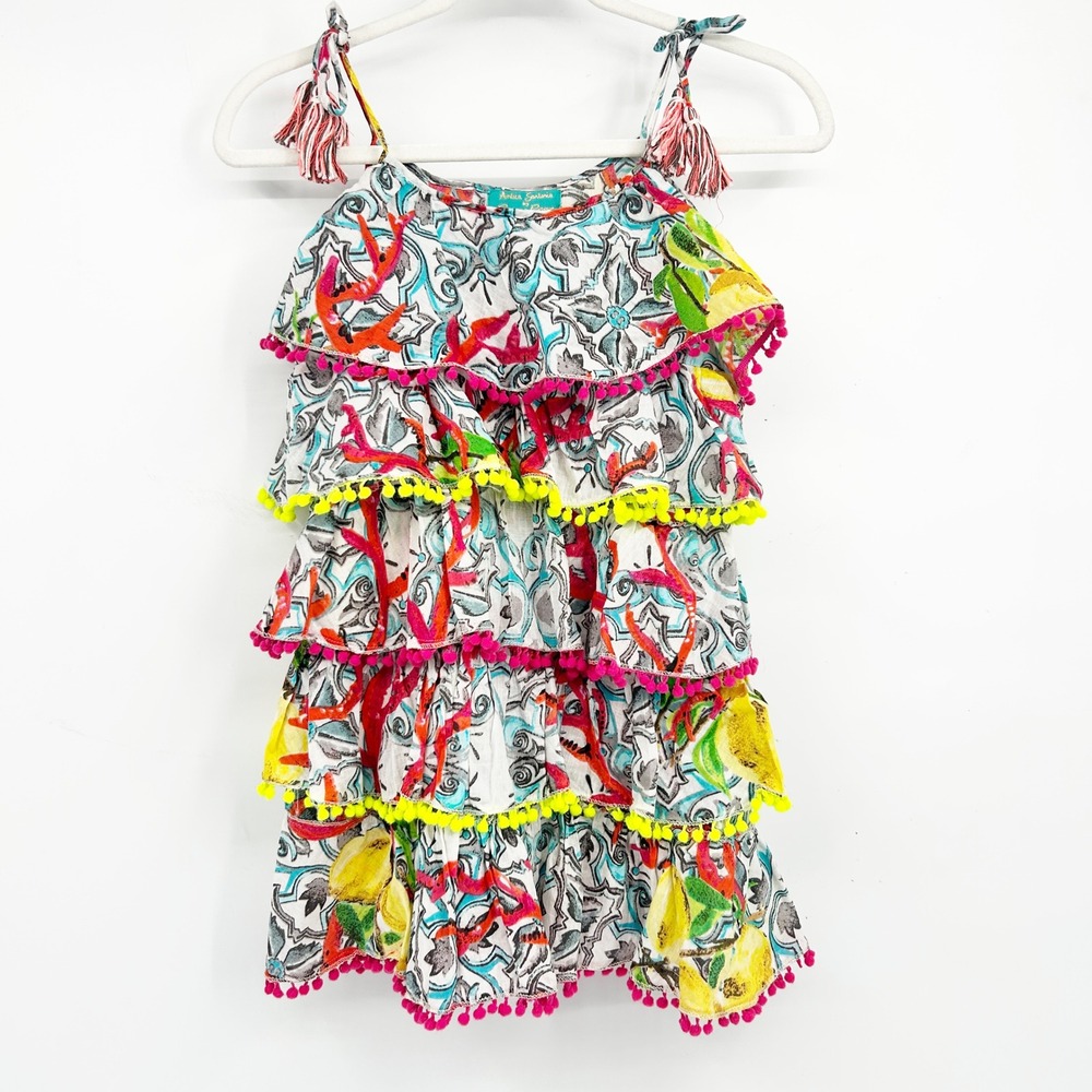Antica Sartoria Girls Mediterranean Lemon Coral Pom Pom Tiered Dress Size 10
